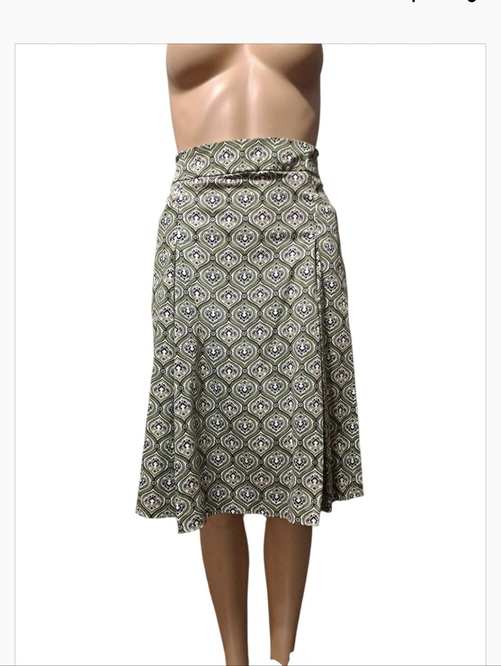 Printed A-Line Midi Skirt in Olive Green With Pockets